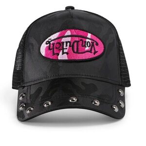 New Von Dutch Black and Pink Trucker Hat with Silver Studs